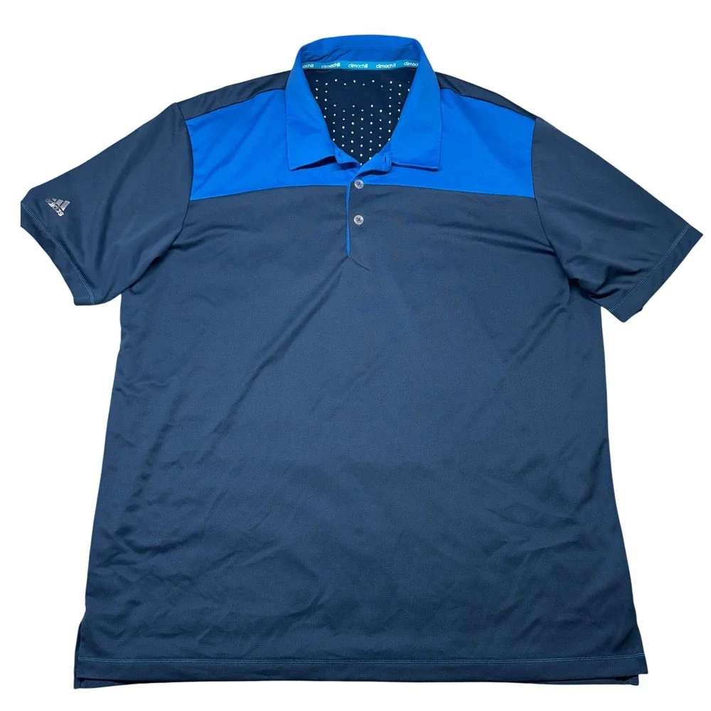 Adidas Climachill Polo Shirt Mens XL Blue Colorblock Short Sleeve Golf Top‎